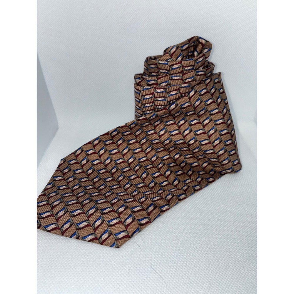 Bijoux Terner Mens Silk Necktie Tan Blue Burgundy Geometric Wave Pattern 4 Inch